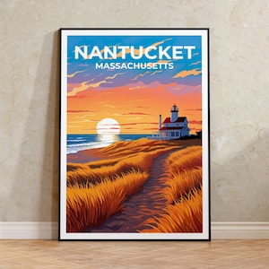 Póster de viaje de Nantucket, arte mural de Massachusetts, impresión de Massachusetts, póster de Nantucket, póster de Massachusetts, póster de isla, arte de Nantucket