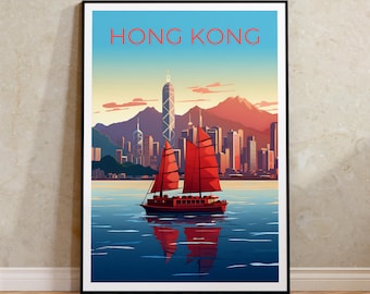 Hong Kong Travel Poster, China Wall Art, China Print, Hong Kong Poster, City Skyline Poster, City Poster, Hong Kong Art