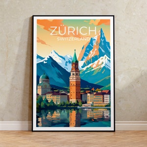 May include: A retro-style travel poster featuring a colourful illustration of Zurich, Switzerland. The poster depicts a cityscape with a tall clock tower, a church, and snow-capped mountains in the background. The text "ZURICH SWITZERLAND" is displayed at the top of the poster.
