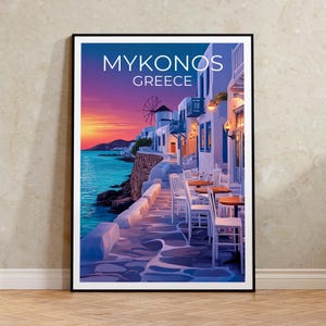 Poster di Mykonos, stampa di viaggio in Grecia, arte di un caffè accogliente, illustrazione delle isole greche, poster di paesaggi, arte murale panoramica, arredamento per la casa, regalo di compleanno