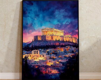 Athens Watercolor Travel Poster, Parthenon Wall Art, Greek Architecture Print