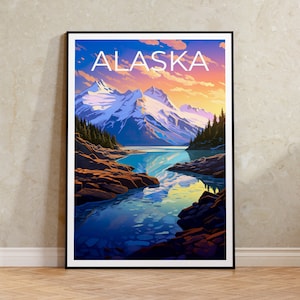 Póster de viaje de Alaska, arte mural de montaña, impresión de montaña, póster de Alaska, póster de montaña, impresión de Alaska, arte de Alaska
