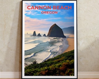 May include: A vintage travel poster design featuring a scenic view of Cannon Beach, Oregon. The poster features a large rock formation in the ocean, with waves crashing on the shore. The text "Cannon Beach Oregon" is displayed in red letters at the top of the poster.