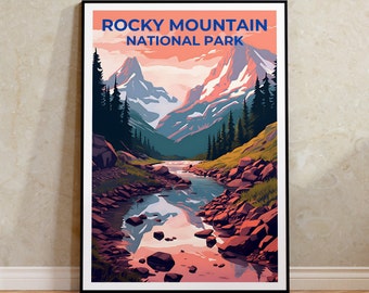 May include: A vintage-style poster with a scenic view of Rocky Mountain National Park. The poster features a mountain range with snow-capped peaks, a winding river, and lush green trees. The text "ROCKY MOUNTAIN NATIONAL PARK" is displayed in blue letters at the top of the poster.