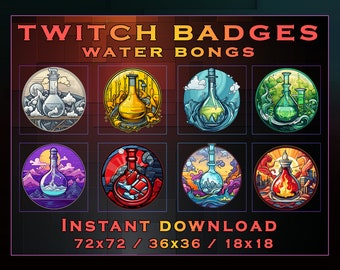 May include: Eight different Twitch badges featuring colorful water bongs with various backgrounds. The text "TWITCH BADGES WATER BONGS" is at the top of the image. The text "INSTANT DOWNLOAD 72x72 / 36x36 / 18x18" is at the bottom of the image.