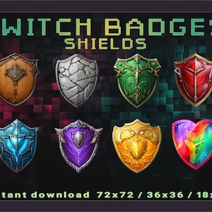 以下が含まれることがあります： さまざまな色とデザインの8つの異なるTwitchシールドバッジ。バッジは、木製のシールド、石のシールド、花柄の緑色のシールド、ドラゴンのデザインの赤いシールド、稲妻のデザインの青いシールド、星のデザインの紫色のシールド、ハートのデザインの金色のシールド、ハートのデザインの虹色のシールドなど、さまざまなデザインのシールドの形をしています。テキスト「TWITCH BADGES SHIELDS」は画像の上部にあります。テキスト「Instant download 72x72 / 36x36 / 18x18」は画像の下部にあります。