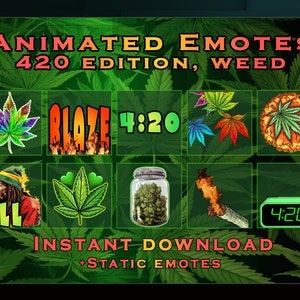 10 Animierte und Statische Emotes für Twitch - Weed Theme YouTube Discord | Badges | Twitch Sub Abzeichen | Abonnenten-Abzeichen | 420 Emotes