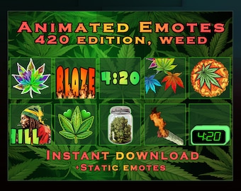 10 emote animate e statiche per Twitch - Weed Theme YouTube Discord / Stream Badge / Twitch Sub Badge / Badge degli iscritti / Emote 420