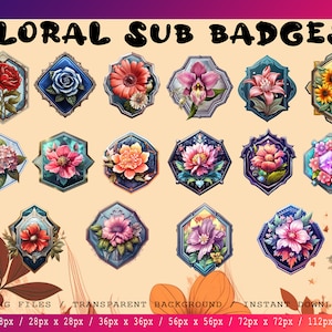 16 floral sub badges twitch flowers badges, twitch subscribers badges, loyalty twitch graphics, badges for streamers