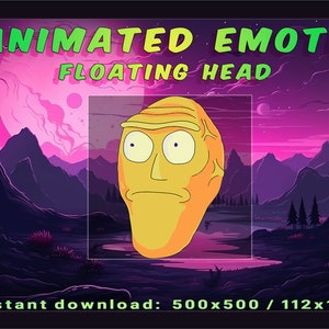 May include: Animated emote of a yellow cartoon head with a surprised expression, floating against a purple and pink landscape with mountains and a moon. The text "Animated Emote Floating Head" is at the top of the image. The text "Instant download: 500x500 / 112x112" is at the bottom of the image.