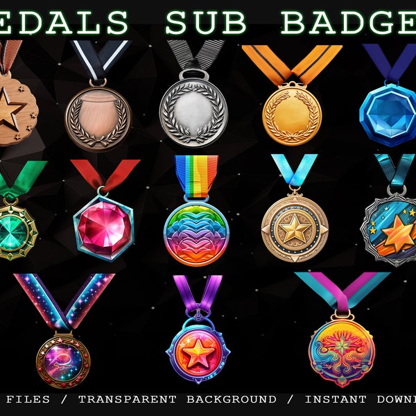 Medals sub badges/emotes, twitch badges, twitch subscribers badges, loyalty twitch graphics, badges for streamers