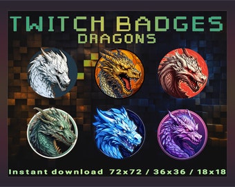May include: A collection of six Twitch badges featuring detailed dragon illustrations in various colors. The badges include dragons in white, gold, red, green, blue, and purple, set against circular backgrounds. Text at the top reads "TWITCH BADGES DRAGONS".