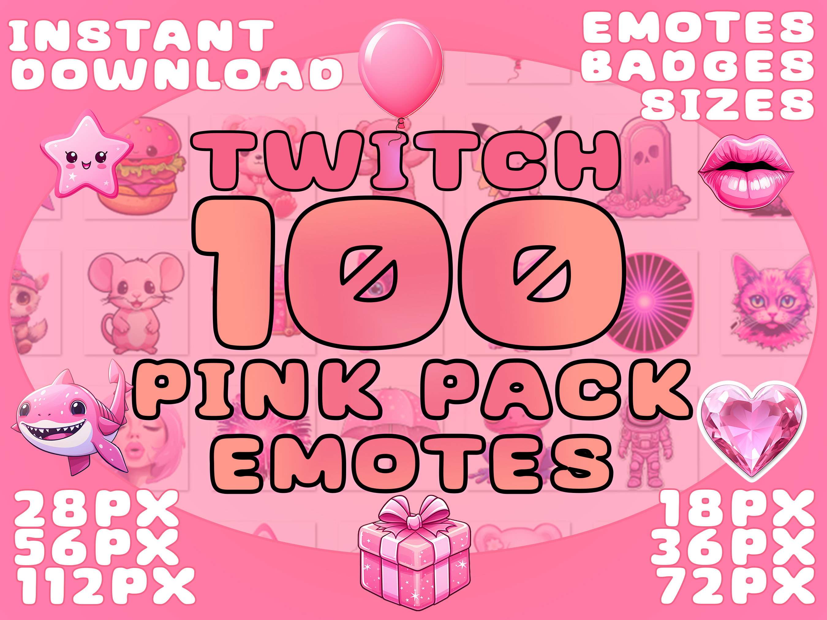 100 Twitch Emotes ピンクパック 6サイズ、Twitch、Discord、バンドルエモート