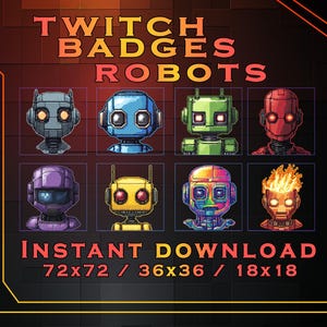 Puede incluir: Un conjunto de ocho insignias de Twitch de arte de píxeles que presentan robots en varios colores, incluidos morado, azul, verde, amarillo y rojo. Las insignias están disponibles en tres tamaños: 72x72, 36x36 y 18x18. El texto "Twitch Badges Robots" y "Descarga instantánea" se muestra en la imagen.