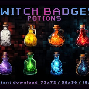 Op de afbeelding: Acht verschillende Twitch-badges in de vorm van drankflesjes. De flesjes zijn gevuld met verschillende gekleurde vloeistoffen en hebben verschillende ontwerpen. De tekst "TWITCH BADGES POTIONS" staat bovenaan de afbeelding. De tekst "Direct downloaden 72x72 / 36x36 / 18x18" staat onderaan de afbeelding.