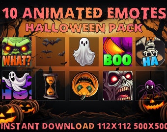 May include: A set of 10 animated Halloween emotes featuring various spooky characters and objects, including a ghost, a pumpkin, a spider, and a skull. The emotes are designed in a cartoon style and are perfect for adding a touch of Halloween fun to your online chats. The text "INSTANT DOWNLOAD 112X112 500X500" is displayed at the bottom of the image.