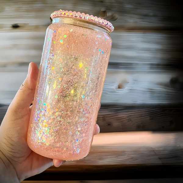 Personalized Light Pink Snow Globe Glass, Custom name Glitter Tumbler, Unique Gift, Sparkling Drinkware, Birthday Present, Wedding Favor