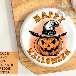 May include: A white round cookie with an orange pumpkin and a black witch hat. The cookie has the text "Happy Halloween" in orange letters.