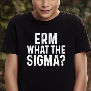 May include: Black t-shirt with the white text "ERM WHAT THE SIGMA?" in a distressed font. The shirt is short-sleeved and appears to be made of cotton. The image is of a person wearing the shirt.