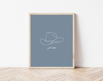 Decoración de pared IMPRIMIBLE occidental, impresión de Yeehaw azul, arte de pared occidental, decoración de dormitorio occidental, arte de sombrero de vaquero