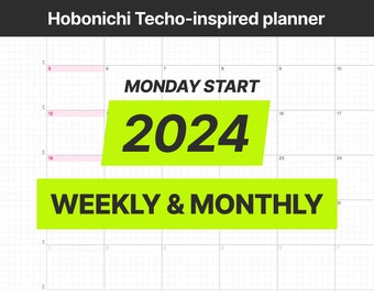 May include: A green and black planner with the text "Hobonichi Techo-inspired planner", "MONDAY START", "2024", and "WEEKLY & MONTHLY".
