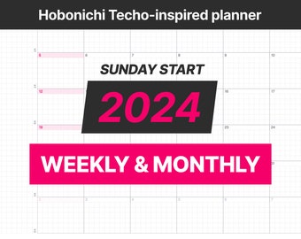 May include: A black and white gridded planner with a pink banner that says "WEEKLY & MONTHLY" and a black banner that says "SUNDAY START 2024".
