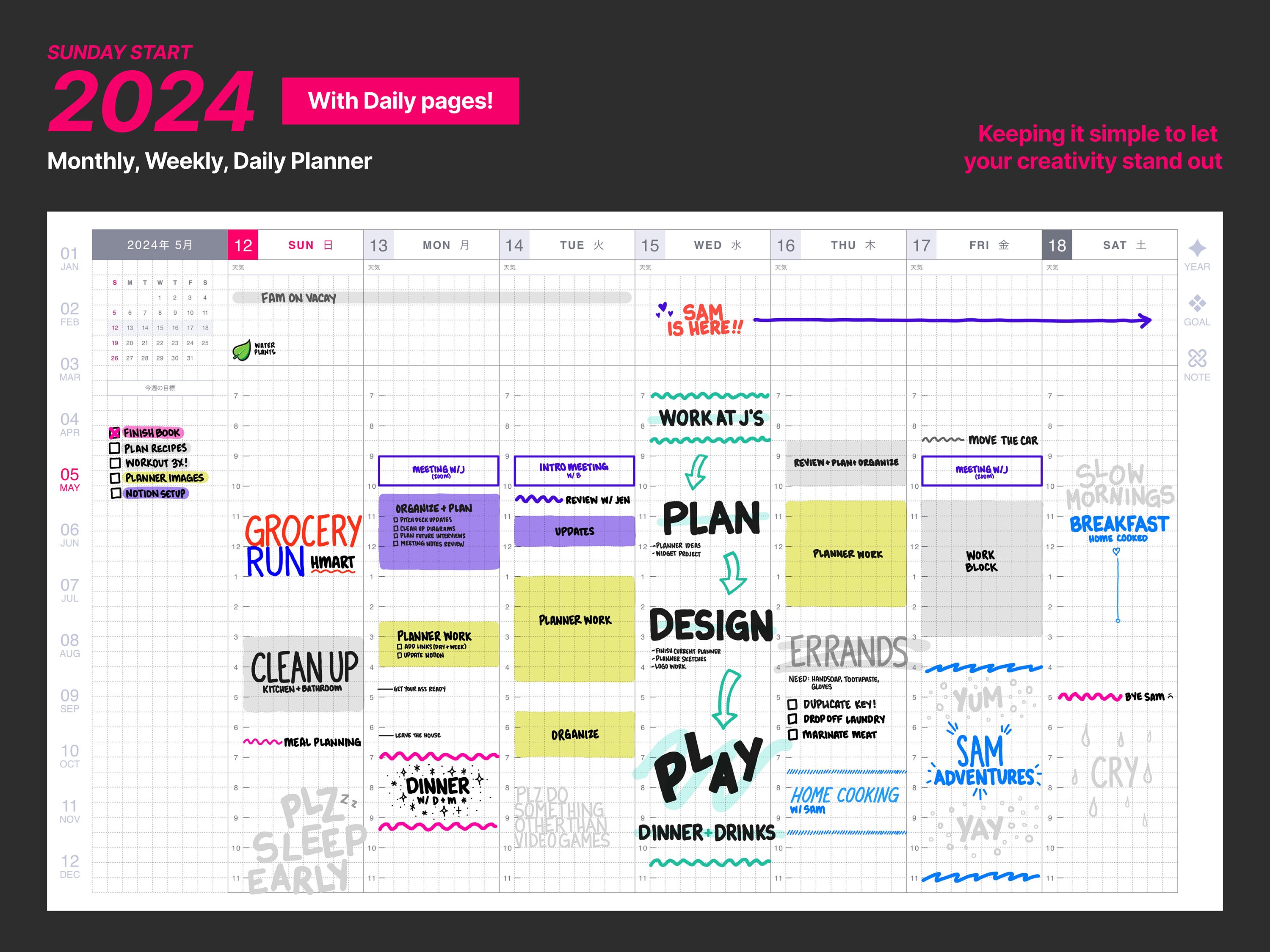 2024 - Daily Weekly Monthly - Digital Planner - SUNDAY Start | Simple ...