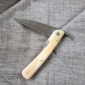 May include: A white handled folding knife with a silver blade. The knife is closed and the handle is made of bone.