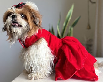 Red velvet dog dress, dog party wear, fancy dress for dogs/cats, dog frock.