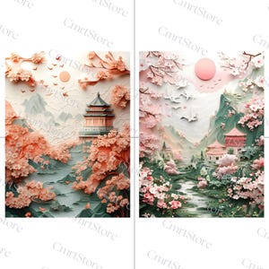 Landscape Cherry Blossoms and Temple, Zen Garden, Japanese Sakura Inspired Detailed Background Elements - 300 DPI PNG - Digital Download