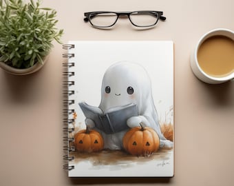 Cute Ghost Reading Spiral Notebook – Halloween Stationery Gift