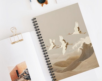 Japanese Crane Wave Art Spiral Notebook - Minimalist Asian Inspired Diary