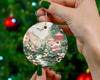 Cherry Blossom Japanese Temple Ceramic Ornament, Holiday Decoration