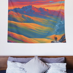 Landscape Tapestry - Colorful Nature Wall Hanging, Artistic Sunset Home Decor, Mountain Tapestry, Boho Wall Art, Bedroom Living Room