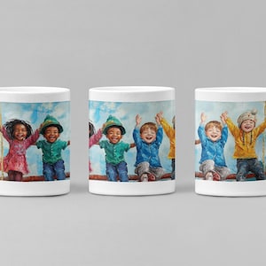 Colorful Kids Art Mug - Happy Children Illustration, Kids Lover Gift, Cheerful Cup, Ceramic Coffee Cup, Unique Kids Gift, Child's Art Cup,