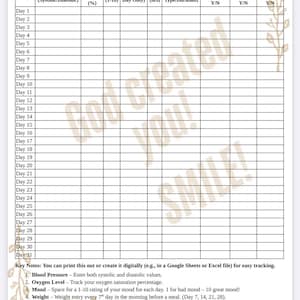 May include: A printable 30-day health tracker with columns for blood pressure, oxygen level, mood, weight, sleep, exercise, and meals. The tracker includes key notes for each category.