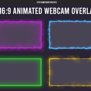 Puede incluir: Cuatro superposiciones animadas para webcam en morado, azul, verde y amarillo. Cada superposición es un marco rectangular con un interior gris oscuro. El texto "16:9 ANIMATED WEBCAM OVERLAY" está en la parte superior.