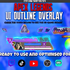 Peut inclure: Image d'un overlay de contour d'interface utilisateur pour Apex Legends. Le design présente des éléments de jeu, tels que des indicateurs de niveau et des statistiques d'armes. Le texte comprend "Apex Legends", "UI Outline Overlay" et "Ready to use and optimised for".