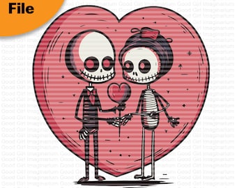 May include: Two cartoon skeletons holding hands in front of a red heart with white stripes. The skeleton on the left is wearing a black suit and bow tie. The skeleton on the right is wearing a striped shirt and a red bow. The skeletons are holding a heart-shaped lollipop.