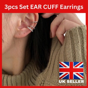 3pcs Set EAR CUFF Earrings No Pierce Crystal Cartilage Ear Ring Fake Clip On 2 types of colours Silver / Gold - Buy 2Get1 Free - Code Promo