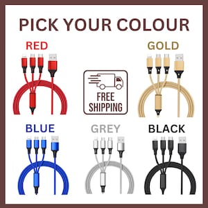 May include: A set of three charging cables in different colours: red, gold, blue, grey, and black. Each cable has three connectors: Lightning, Micro-USB, and USB-C. The cables are coiled and have a free shipping label.