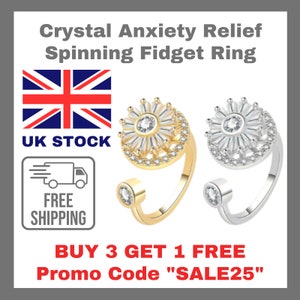 May include: Two spinning fidget rings, one gold and one silver, with a clear crystal centre and a decorative design. The rings are designed to help relieve anxiety.  BUY 3 GET 1 FREE Promo Code "SALE25"