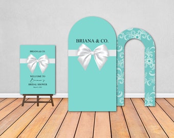 Bride & Co Bridal Shower Welcome Sign And Foam Board Backdrop Set, White Bow Bridal or Baby Shower Decorations, Aqua Blue Backdrop