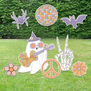 8 Groovy Hippie Halloween Theme Cutouts Set Lawn Yard Sign/Inside Home Decoration, Spooky Halloween Night Party Standee Decor and Props