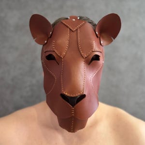 ライオンマスク 動物マスク ライオンフェイスマスク ライオンヘッドマスク 手作りの茶色の高級レザー製 仮面舞踏会 フェスティバル ロールプレイ装飾マスク 男性 女性用