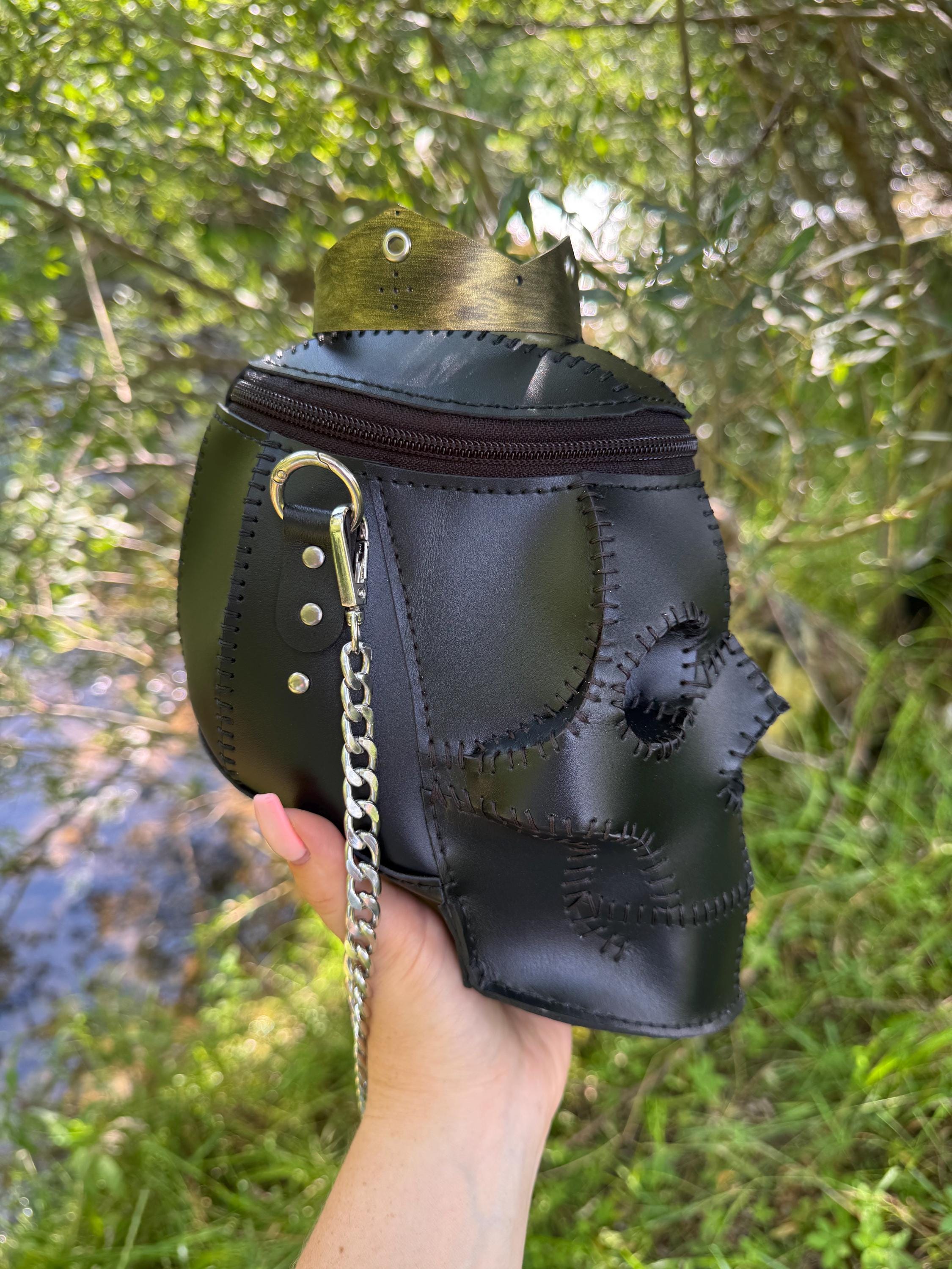 Leather Skull Bag With Crown – Handmade Gothic Crossbody – Biker 