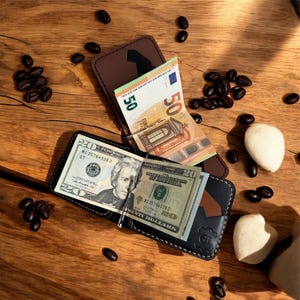 Monedero Mountain Clip de cuero con 6 ranuras para tarjetas.Montañas en la billetera hecha a mano.Monedero de diseño único de moda original negro-marrón/marrón-negro