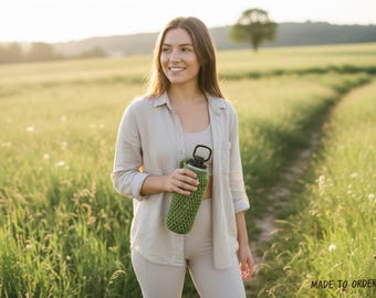 Handmade Crochet Water Bottle Holder – Adjustable Strap & Eco-Friendly Carrier