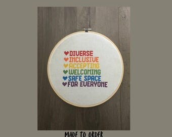 Inclusive Safe Space Cross Stitch Hoop Art: LGBTQIA Ally Decor