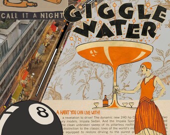 Peut inclure: Un collage d'images avec une esthétique vintage. L'image du haut présente un chat de dessin animé avec le texte "Definitely time to call it a night". L'image du milieu montre une rue de la ville avec des bâtiments et une ligne noire et blanche au milieu. L'image du bas présente un grand verre de liquide orange avec une femme en robe rouge debout à côté. Le texte "Giggle Water" est dans le coin supérieur gauche de l'image. Le texte "A habit you can live with!" est dans le coin inférieur droit de l'image.